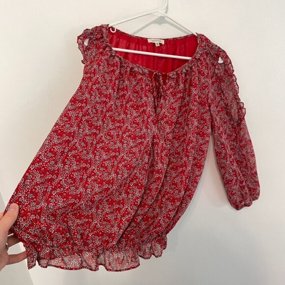 MAX STUDIO Georgette Elbow Sleeve Cold Shoulder Blouse Red White Floral Boho Top - Picture 11 of 16